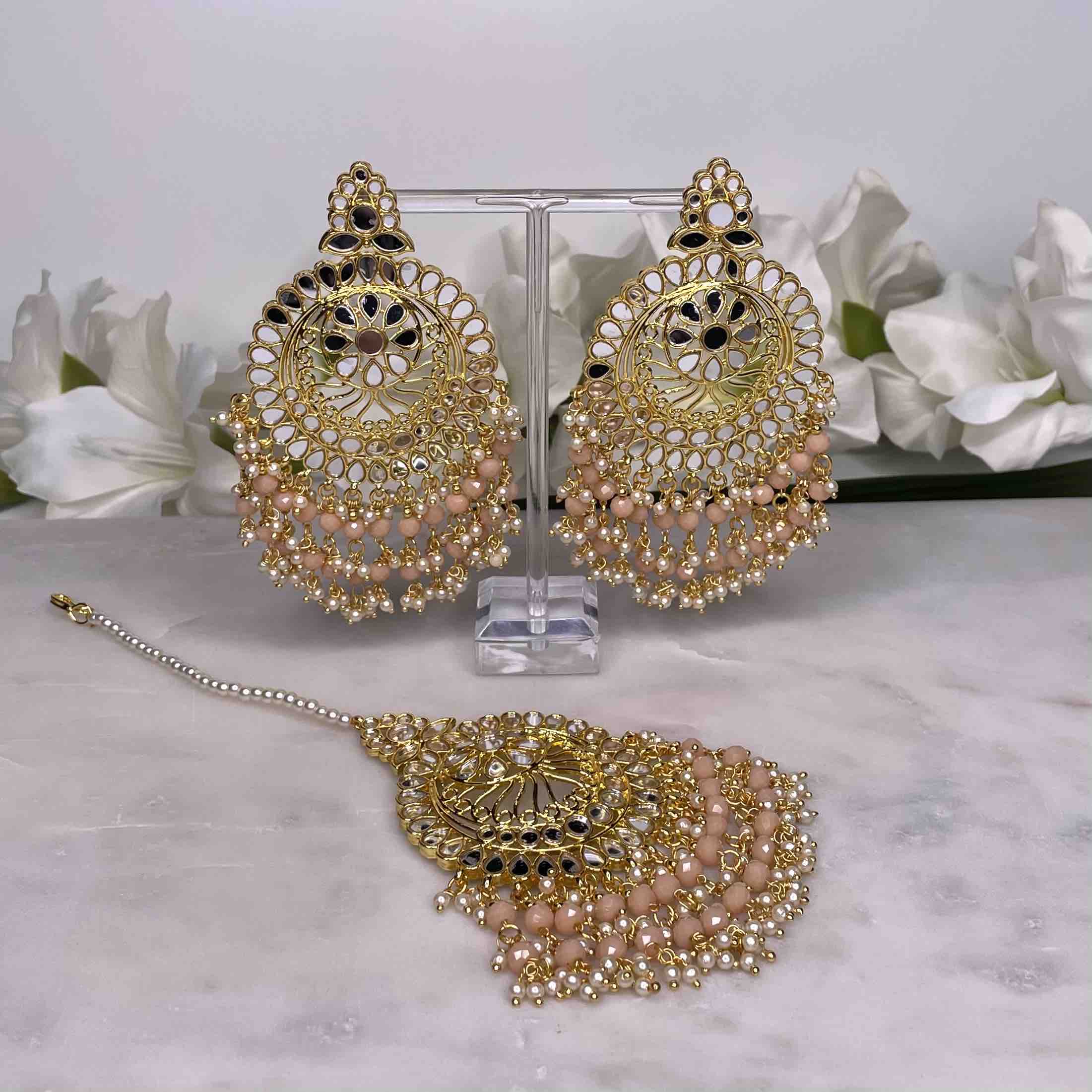 Oversized Mirror Earrings and Tikka Set - Peach - MAHARANI