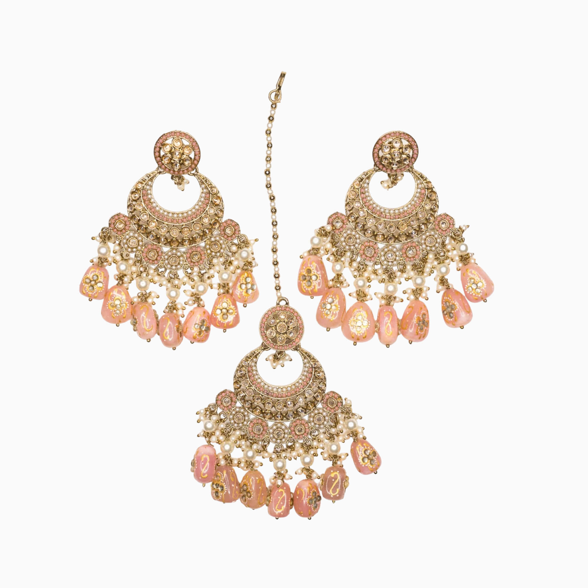 Traditional diamond cut stones and pearl earrings, tikka set – Stylbl